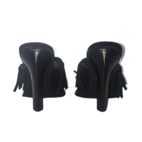 VINTAGE Vis a Vie Black Suede Fringe Mules Heels Bootie Square Toe Shoes Size 7 - Picture 5 of 11